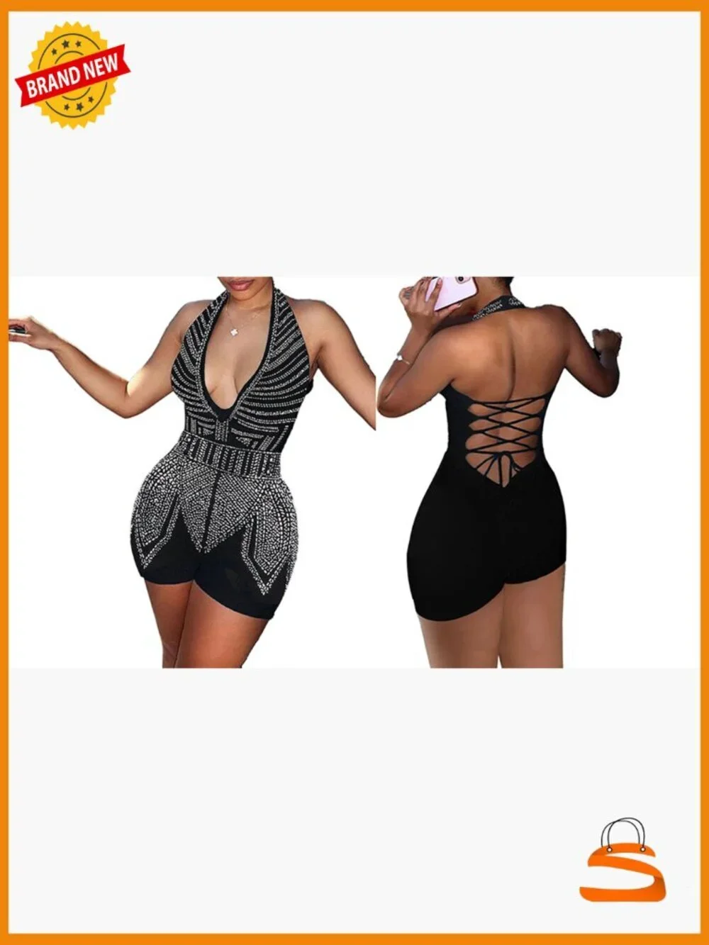 Sexy Rhinestone Halter Deep V Neck Romper Jumpsuit Sleeveless Party